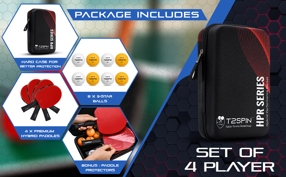 Ping Pong Paddles Set of 4 with 8 Balls in a Stylish Hard Case - BONUS: Paddle Protector